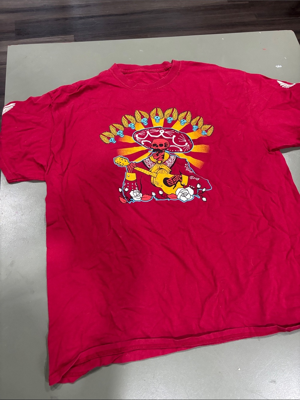 Red Men’s Graphic Tee with Day of the Dead Guitar Skull